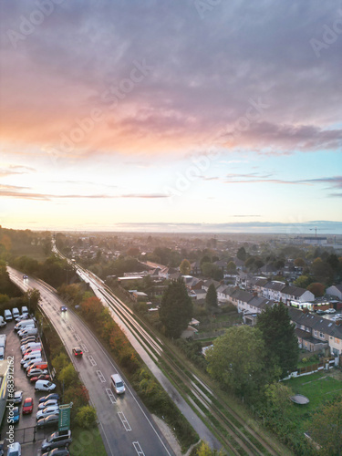 Luton and Dunstable Town's Aerial Footage of Borders of Both Neighbouring Towns of England UK During Orange Sunset