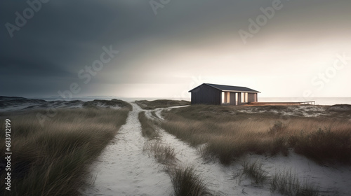 Small isolated wooden house near the ocean, on a beach with sand dunes and wild grass. Empty road leading to the house. Dark clouds, cozy lights in windows.