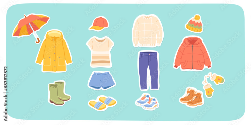 Autumn, winter, spring, summer kids clothes set. Casual jackets, jeans, t-shirt, shoes, sweater, shorts, cap, hat clothing apparel stickers. Season garment, trendy fashion flat vector illustration