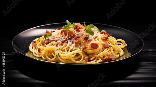 steaming traditional spaghetti carbonara on black glass table