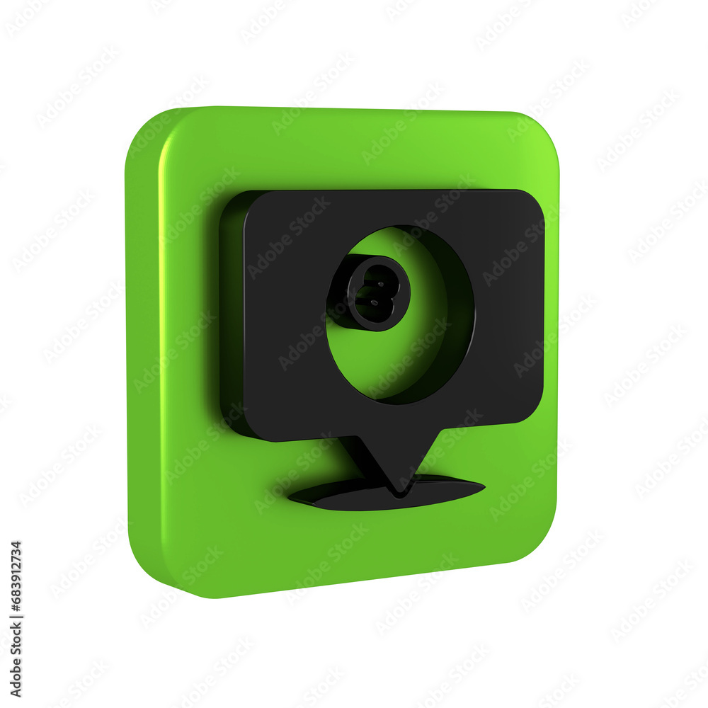 Black Map pointer with billiard pool snooker ball with number 8 icon isolated on transparent background. Green square button. Black Map pointer with billiard pool snooker ball with number 8 icon isolated on transparent background. Green square button.