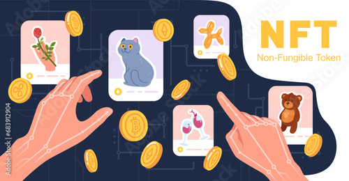 NFT crypto currency investment transaction. Virtual reality person hands buy non-fungible token image in internet marketplace. Cryptocurrency blockchain art technology concept flat vector illustration