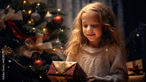 Happy little girl kid surprised and delighted with the gift box for Christmas. Miracle and magical Christmas night. Christmas tree with garland background. New Year Eve and Merry Christmas holiday