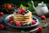 Colorful Healthy breakfast pancake plate. Morning bakery. Generate Ai
