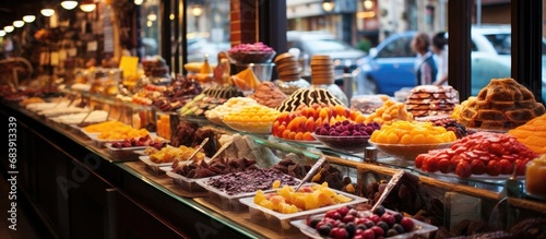 In Turkey, a bustling Asian-inspired market housed a colorful retail shop filled with an array of mouthwatering desserts and snacks, including candies bursting with vibrant yellows and tantalizing