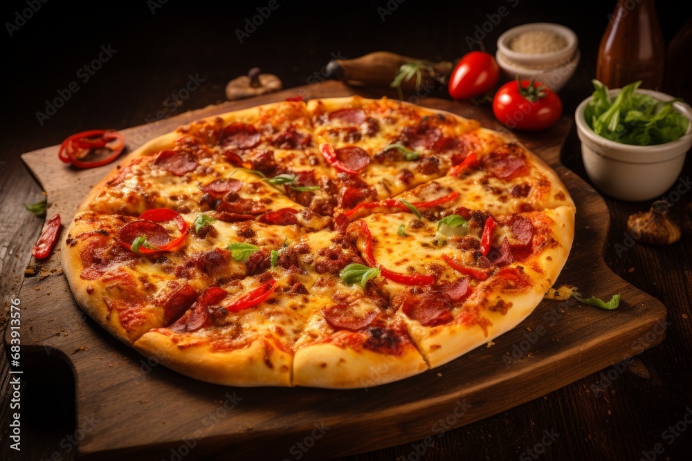 Fresh pizza with tomatoes on dark wooden table. Top view
