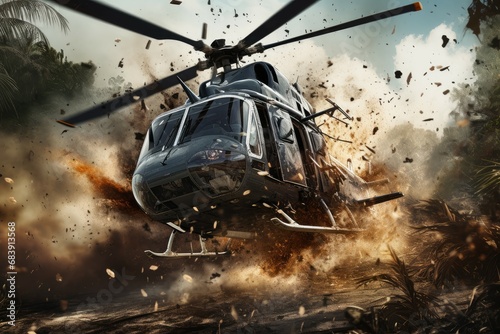 Intense Helicopter crash war. Transport danger. Generate Ai photo