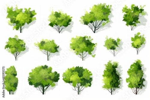 set of green grass, of abstract watercolor tree top view isolated on white background for landscape plan and architecture layout drawing, elements for environment and garden, Generative AI 