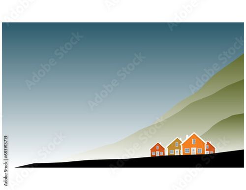 A small town at the foot of green hills. Vector image for prints, poster or illustrations. photo