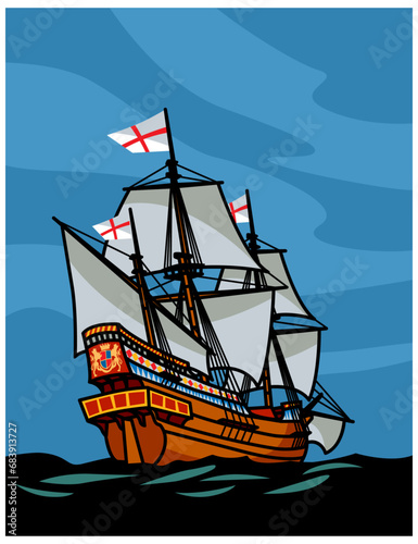 Towards adventure. A sailing ship is heading for unknown horizons. Vector image for prints, poster or illustrations.