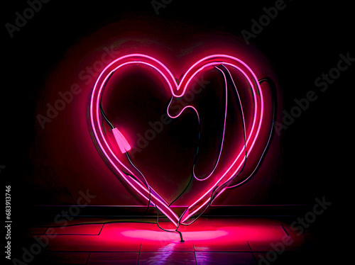 Neon heart on a dark background. Valentine. Generative AI