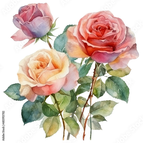 Watercolor illustration of orange roses. Ai generated. Transparent background  PNG