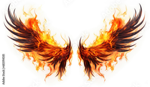Wings of fire flames on a white background, isoleted, generative ai