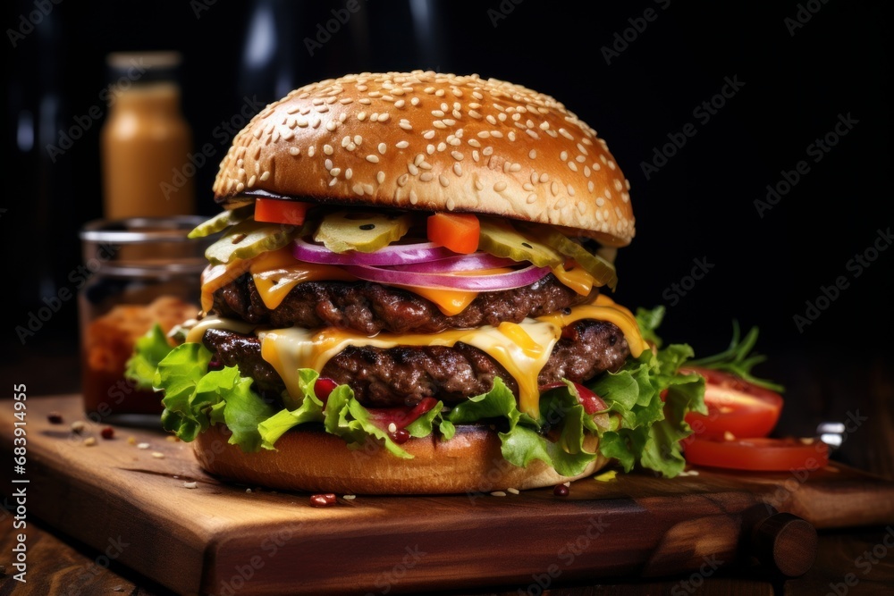 Beef burgers with sauce on wooden cutting board, dark background Beef burgers with sauce on wooden cutting board, dark background