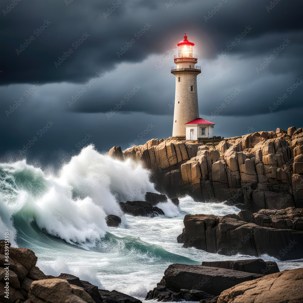 Lighthouse on a rocky peninsula with stormy waves and sky