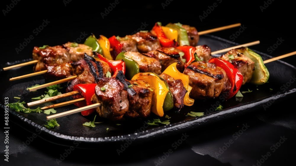 tempting traditional turkish kebabs on black  matte plate  