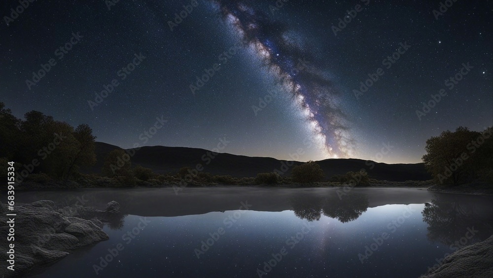  A night sky with the milky way galaxy and stars over a lake. The image shows the reflection of the  stars