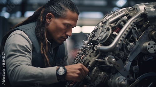 Native American indigenous mechanical engineer working on Industry Manufacturing machinery Factory. Diversity, quality control, repair, safety first concept photo