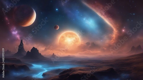 sky with moon and stars  An alien planet in outer space with a blue nebula behind it.   © Jared