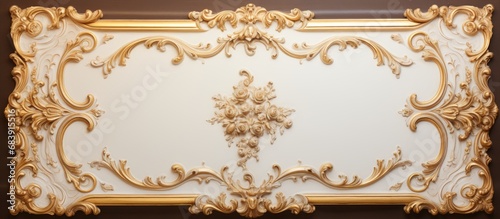The golden frame, adorned with intricate baroque designs, elegantly encased the square vintage painting, combining ornate gilt details with a touch of antique charm on the classical wall. The