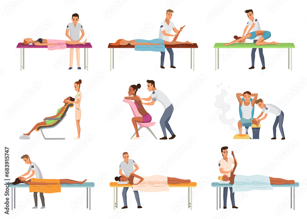 Massage therapists at work. Patients lying on couch, enjoying body relaxing treatment. Physiotherapists practicing different massage types, isolated cartoon characters. Flat  illustrations set