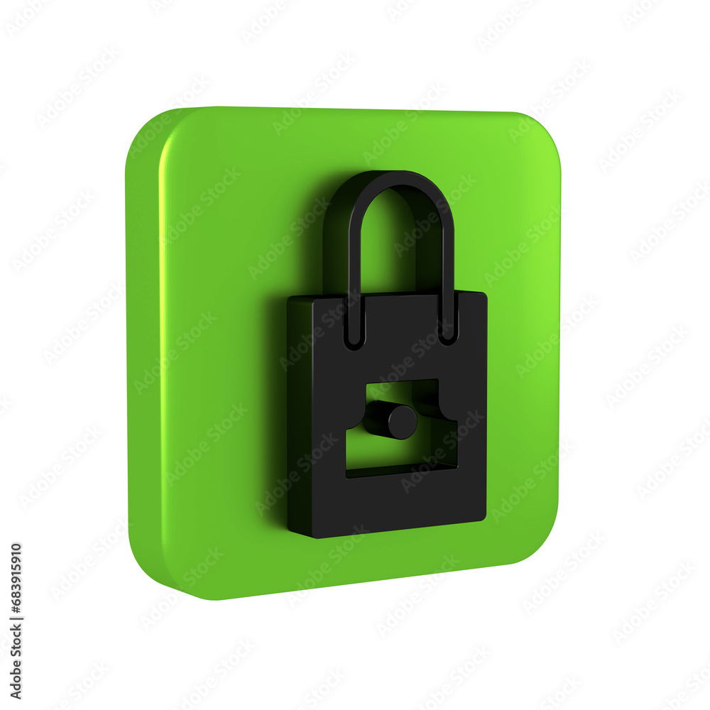 Black Paper shopping bag with spray can nozzle cap icon isolated on transparent background. Green square button.