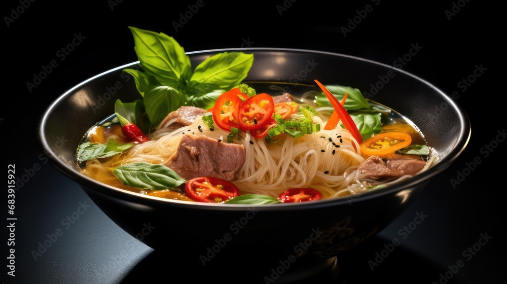 satisfying traditional vietnamese pho on black matte 
 table 
