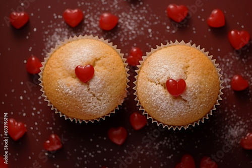 Two cupcakes adorned with red hearts in minimalist style, Top view,represent festive dessert and an ideal concept for sweet gift for Valentine's Day, birthdays, and other celebrations