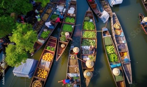 Aerial view famous floating market in Thailand, Damnoen Saduak floating market, Farmer go to sell organic products, fruits, vegetables and Thai cuisine, Tourists visiting by boat, Generative AI  © Geetanjali
