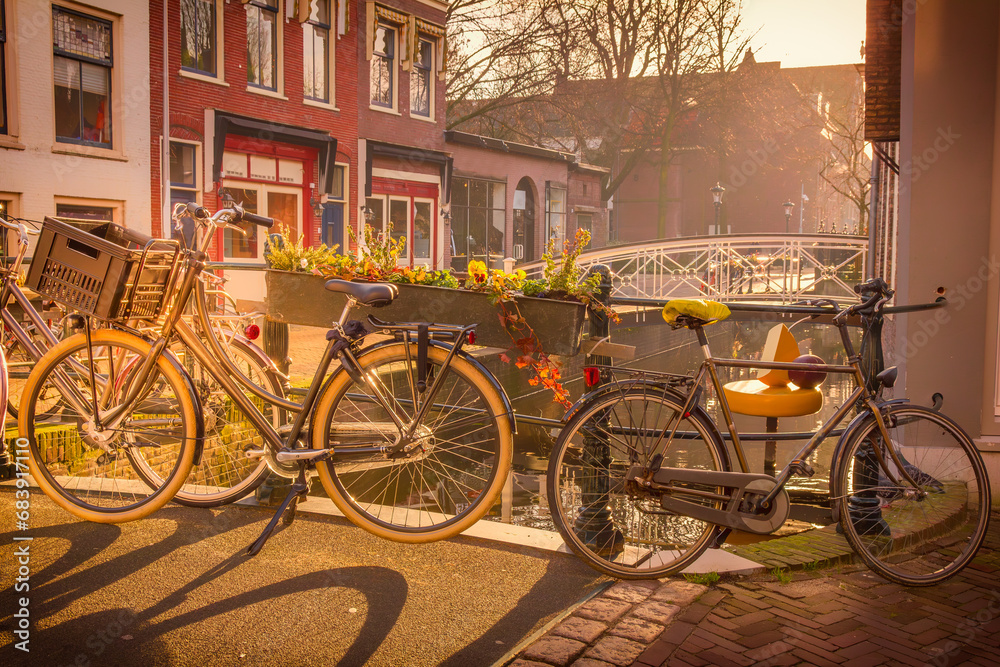Bicycles in a canal in Gouda, The Netherlands