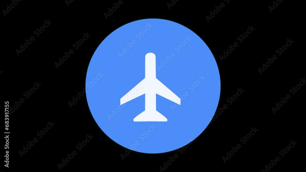 Airplane mode inside blue circle on mobile phone icon isolated on black background. Airplane or airplane flight offline mode passenger regulation airline. 4K video motion graphics animation.