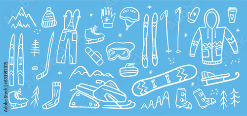 Vector collection of symbols for skiing and winter sports, hand-drawn in doodle style