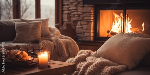 Hygge coziness emanates from a warm fireplace, creating a comforting atmosphere with soothing vibes