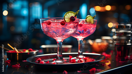 Two cocktails on the rocks at a restaurant or nightclub.