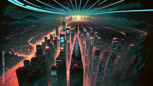 top view of a city with skyscrapers at night, urbanization city growth concept photo