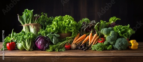 On the old, wooden table, a fresh and green leafy lettuce, grown hydroponically, was carefully placed next to a variety of vibrant vegetables, showcasing the freshness and produce of the plant-based photo