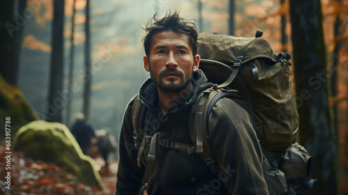 Asian man with backpack in autumn forest. © Rabbit_1990