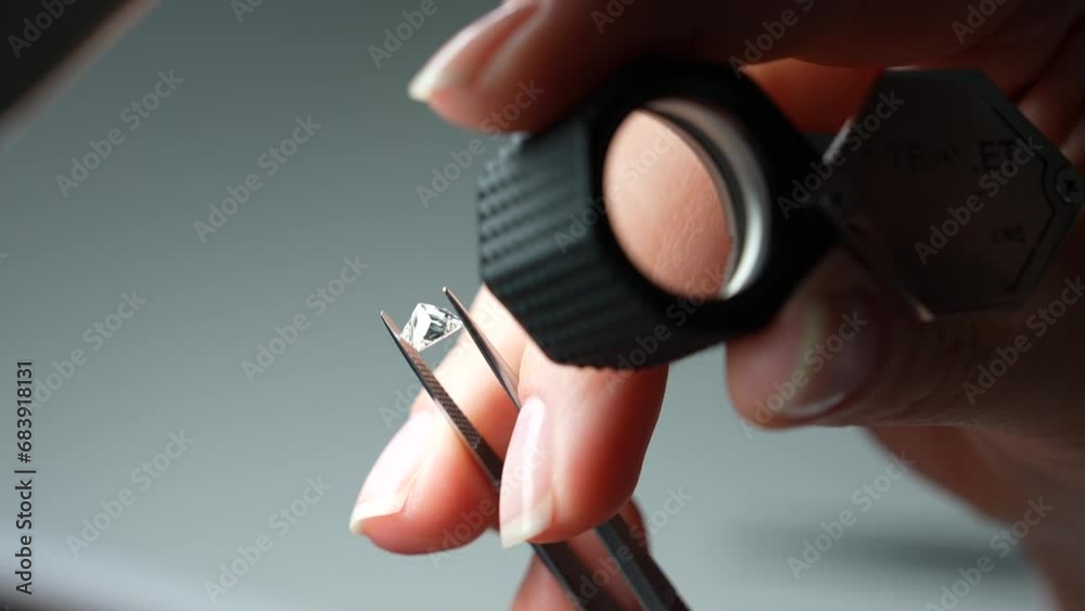 The process of evaluating and grading a rough diamond at the workplace of diamond expert. Goldsmith jeweler smoothing rough parts of pieces of jewellery. Gold jewelry production concept.

