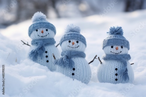 Artisan Knitted Snowmen on Snow, Blue Tint © Lucija