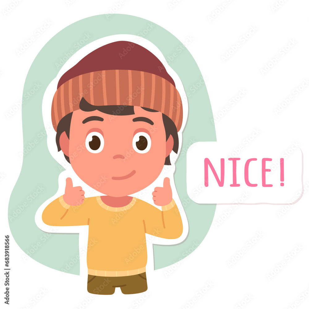 Happy boy person showing thumbs up gesture. Nice text and smiling child posing gesturing. Cool kid cartoon character portrait, positive facial expression, like hand sign flat vector illustration Happy boy person showing thumbs up gesture. Nice text and smiling child posing gesturing. Cool kid cartoon character portrait, positive facial expression, like hand sign flat vector illustration