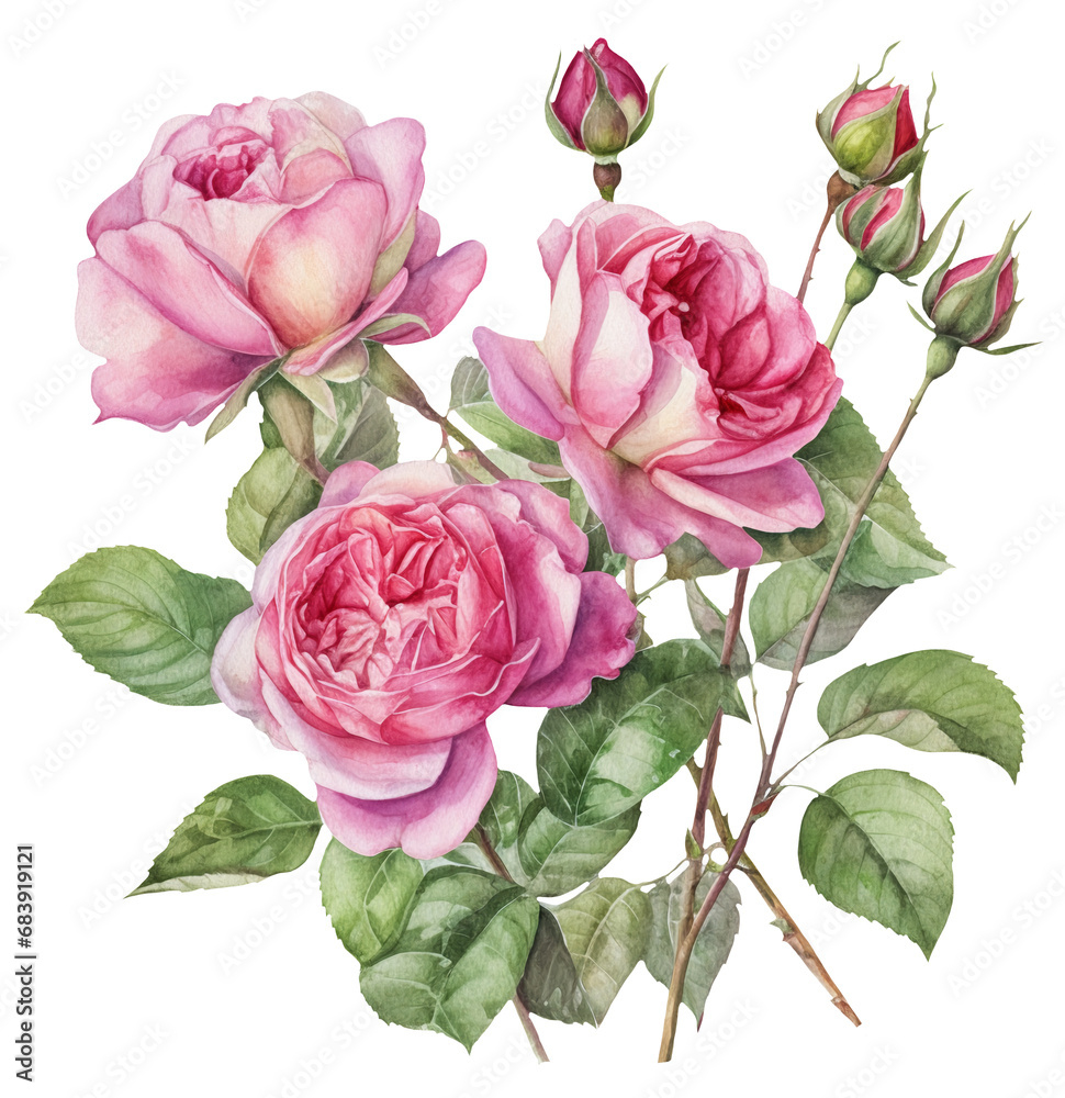 Watercolor illustration of pink roses. Ai generated. Transparent background, PNG Watercolor illustration of pink roses. Ai generated. Transparent background, PNG