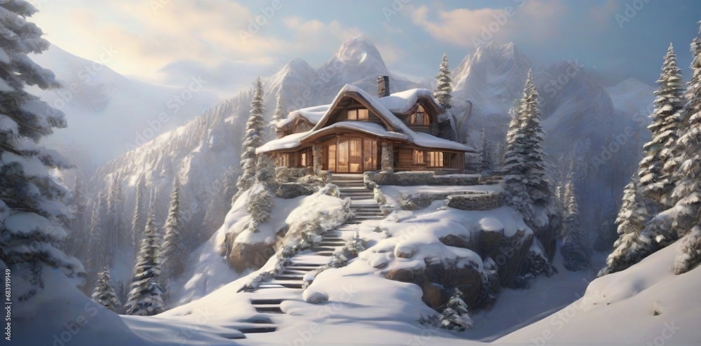 beautiful house covered with snow surrounded by mountains 