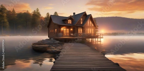 a beautiful house at sunset around the lake  photo