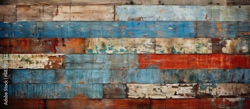 The old urban wall, weathered by time, showcased a mesmerizing texture, woven by the paint peeling off, revealing hints of red, green, and blue. The design, an intricate blend of wood and glass photo