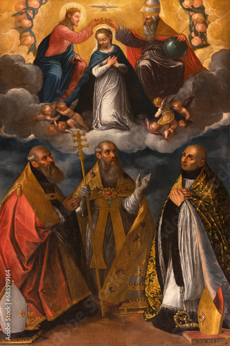 VICENZA, ITALY - NOVEMBER 6, 2023: The painting of Coronation of Virgin Mary with the St. Benedicte, Gregory and Callus in Basilica dei Santi Felice e Fortunato by Pietro Damiani (1592 – 1631).