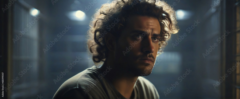 A man with his back turned, his curly hair cascading down his shoulders, sits in a dimly lit prison cell A man with his back turned, his curly hair cascading down his shoulders, sits in a dimly lit prison cell