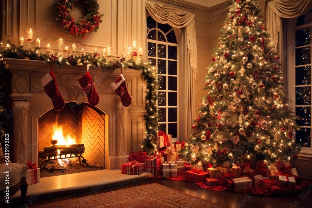 Festive Home with Sparkling Christmas Tree and Warm Fireplace