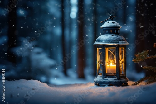 Festive Lantern in Snowy Landscape with Fir Branch Glow © Lucija