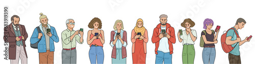 A crowd of people using, holding mobile phone in hands. Surfs the Internet in smartphone, communicates in chat, writes in messenger, views photos and videos. Vector characters isolated on white.