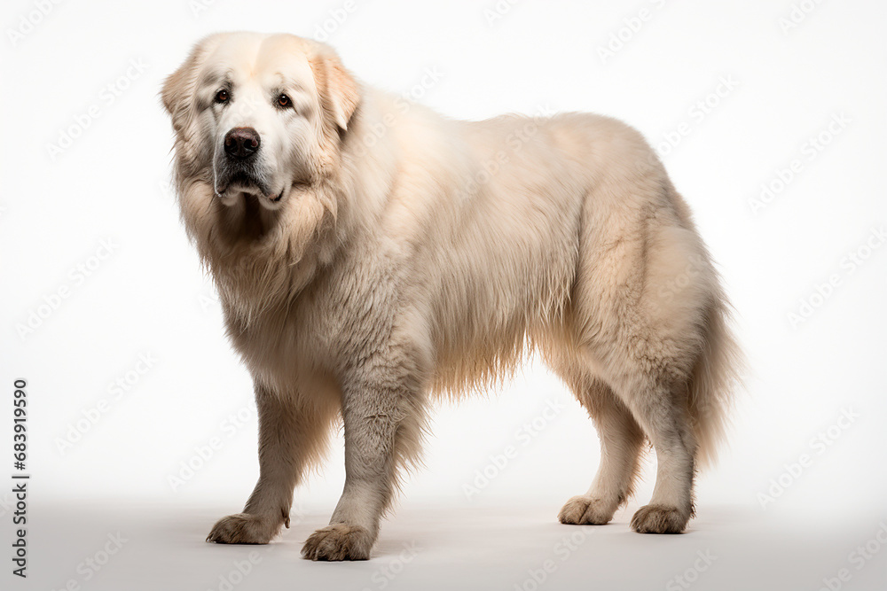 Pyrenean Mountain Dog standing on a white background. Animal left-side portrait. Pyrenean Mountain Dog standing on a white background. Animal left-side portrait.